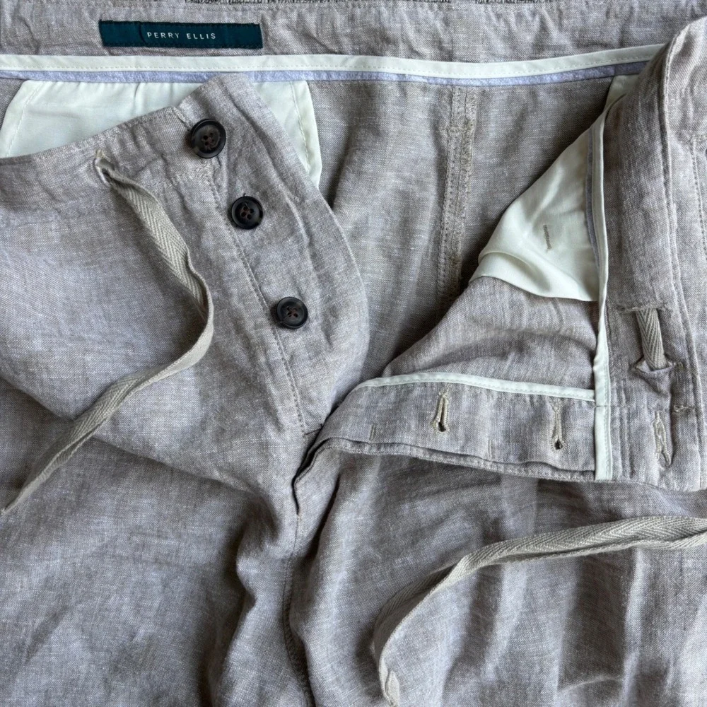 Perry Ellis Pants Mens 38x32 Beige Linen Blend Drawstring Beach Wedding Straight